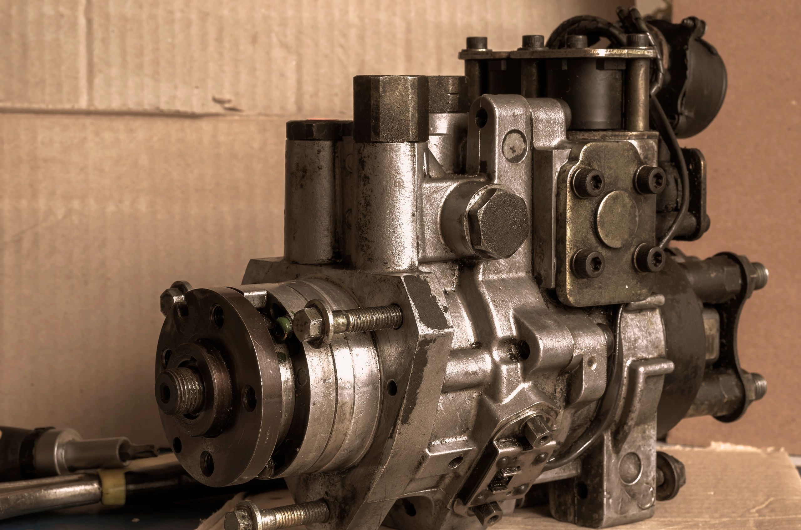 Close-up of diesel fuel injection pump components