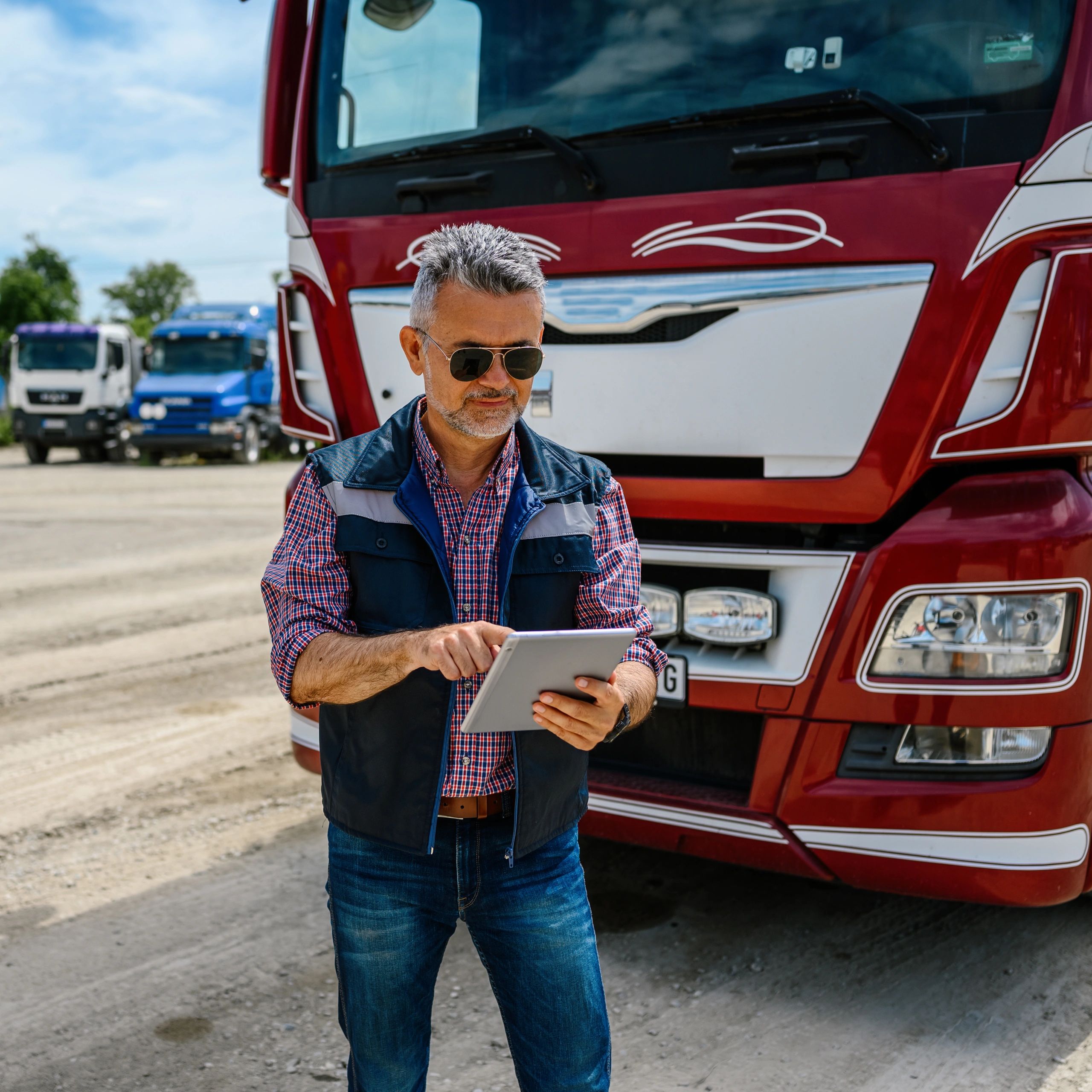 Portrait of a truck driver holding a digital tablet