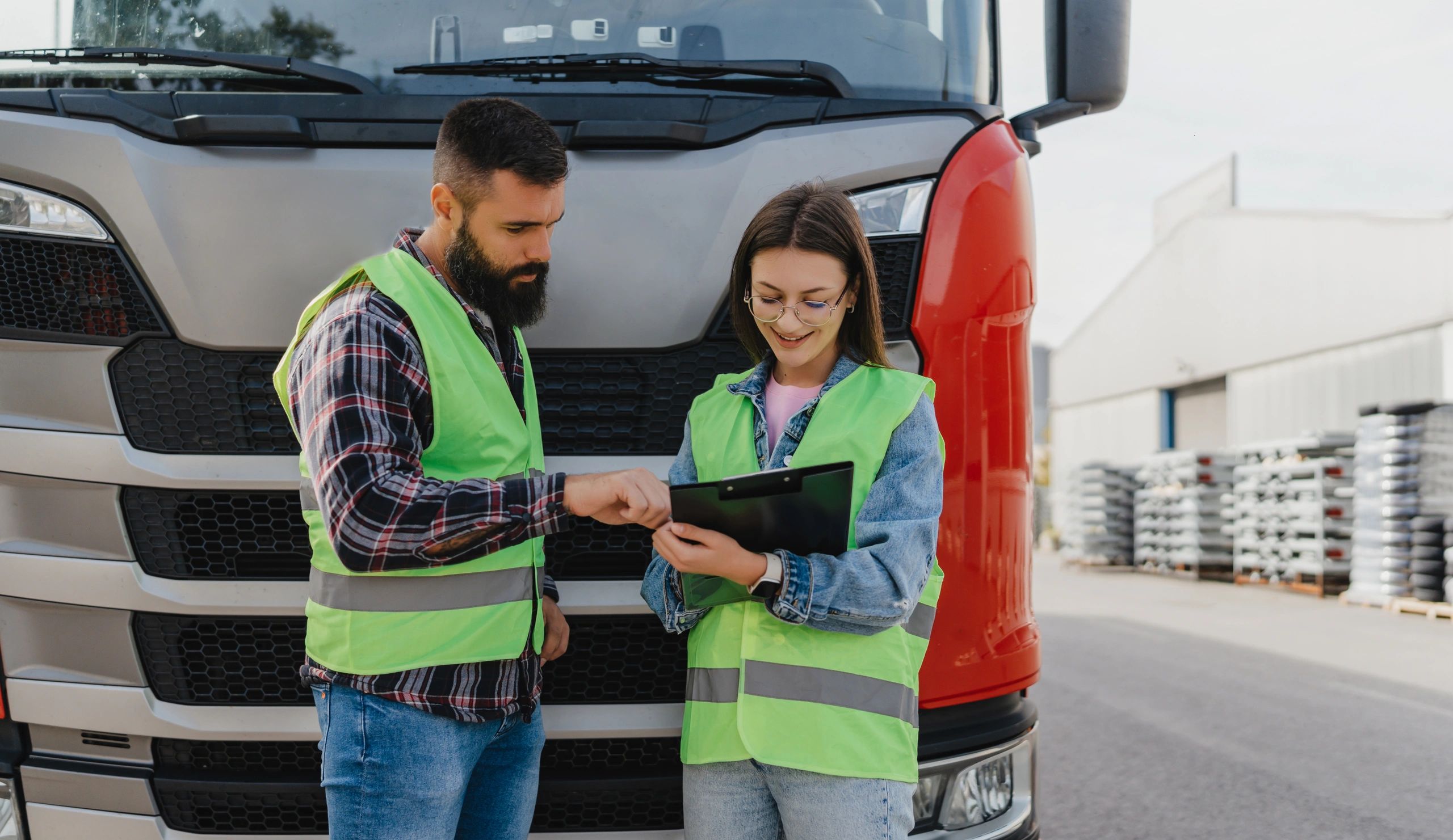 Two workers reviewing a tablet in front of a semi-truck