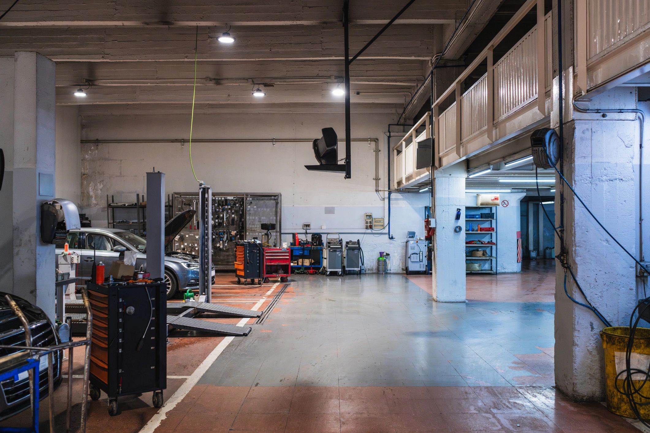 Service bay with tools and lifts ready for repairs